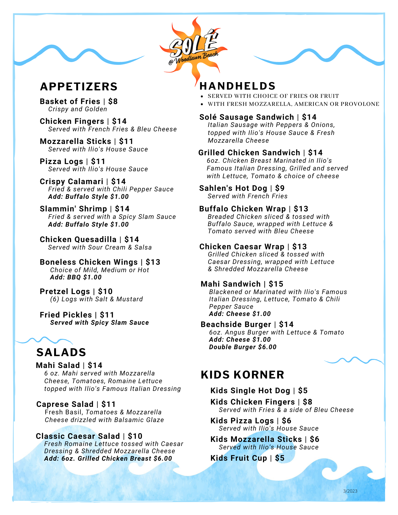 Solé Sandbar Menu & Cocktails | Solé at Woodlawn Beach